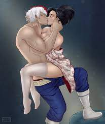 1boy 1girls bfaeart carrying carrying partner female holding  kissing legs around partner male momo yaoyorozu muscular my hero academia  shouto todoroki standing stockings straight thighhighs topless two tone hair