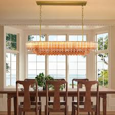 Modern Amber Glass Chandelier, 14" Round Crystal Dining Room Pendant Light Chandelier, Luxury Brass Hanging Fixture for Bedroom, Gold Kitchen Island