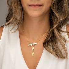 Personalized Inlay Mom Necklace With Baby Feet 18k Gold Plating Joyamo Jewelry