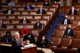 President biden delivered his first formal address to a joint session of congress, with vice president kamala harris and speaker nancy pelosi flanking him. 2ocyvkkkn420 M