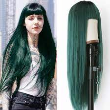 Short bob side part synthetic natural straight hair wig 14 inches. Amazon Com Friya Green Wig Straight Wigs With Air Bangs Machine Wigs Dark Rooted Ombre Green 2 Tone Color Long Heat Resistant Fiber Synthetic Hair Glueless 24 Inches Beauty