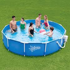 Summer Escapes 12 X 30 Round Metal Frame Above Ground Swimming Pool With Skimm Summerescapes Summer Waves Portable Swimming Pools Swimming Pools