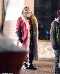 Real shearling shawl lapel collar with hood front: Kurt Russell Films Holiday Flick Dressed As Santa Claus