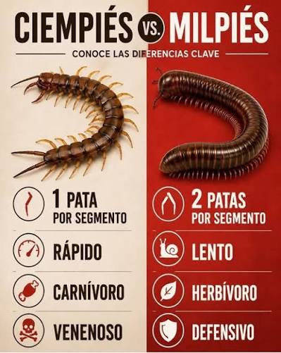?? Aunque se parecen, ciempiés y milpiés son muy diferentes ?? Ambos pertenecen al grupo de los miriápodos, pero tienen características y comportamientos distintos. ✨ Diferencias principales: • ? El ciempiés tiene