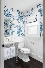 Black And White Floral Wallpaper Bathroom Powder Bathroom Powder Bath Features Classic Wainscoting Blue And White Floral Wallpaper Acrylic Ba In 2020 Bathroom Decor Themes Small Bathroom Decor Bathroom Decor