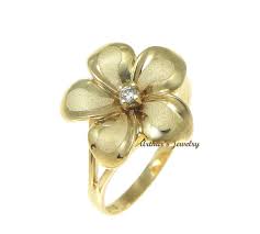 Solid 14k Yellow Gold 15mm Hawaiian Single Fancy Plumeria Flower Ring Flower Ring Jewelry Rings
