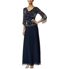 Details About Jkara Navy Chiffon Beaded Popover A Line 3 4 Sleeve Formal Gown 8 New 269 Evening Dresses Dresses Club Cocktail Dresses