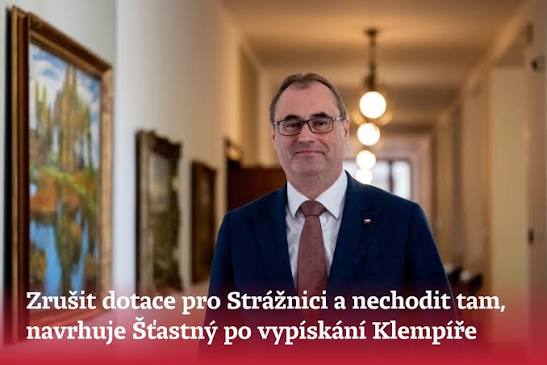https://denikn.cz/minuta/2109764/ Ministr pro sport Boris Šťastný (Motoristé) navrhuje zrušit dotace pro folklorní festival ve Strážnici, kde včera návštěvníci vypískali jeho stranického kolegu Oto Klempíře.