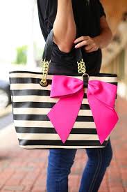 Black And White Striped Purse With Red Bow Black And White Striped Tote With Gold Chain And Black Leather Tote With Pink Bow Bow Nanza Tote By B With Images Purses Black Leather Tote Handbags Michael Kors