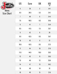 justin mens size chart corral western wear