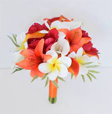 Silk flowers weddings floral arrangements. Orange Tropical Bouquet Of Natural Touch Lilies Callas And Plumerias Silk Wedding Flowers