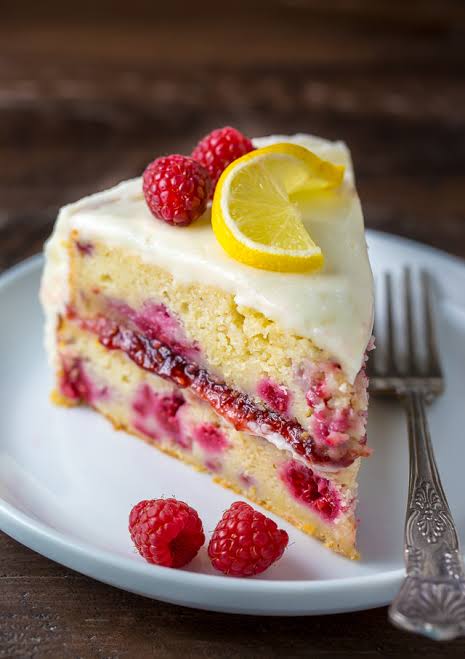 Fresh and bright raspberry lemon cake slice, AI generated