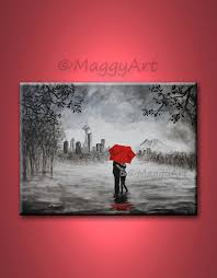 Black And White Kiss Canvas Original Painting Seattle Lover Kissing In Rain Black White Red Love Couple 24x18 Inch On Stretched Canvas Great Wedding Painting Abstract Original Paintings