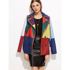 Color Block Faux Leather Binding Double Breasted Pea Coat 572 805 Idr Liked On Polyvore Featur Double Breasted Pea Coat Color Block Coats Color Block Suede