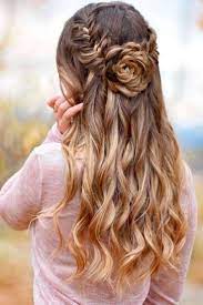 Lange Haare Halboffen Stylen Blume Flechten Hairstyles Geflochtene Frisuren Flechtfrisuren Frisur Ideen