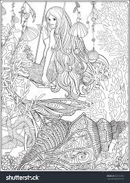 For boys and girls, kids and adults, teenagers and toddlers, preschoolers and older kids at school. Hand Drawn Mermaid With Long Hair In Underwater World Stock Line Vector Illustration Outline Dra Mermaid Coloring Book Mermaid Coloring Pages Coloring Books