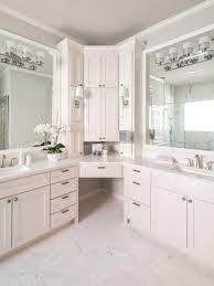 A pair of decorative wall mirrors adds a geometric element. Bathroom Corner Double Vanity Hgtv