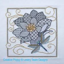 Designs are approximately 80 x 80 stitches. Lesley Teare Designs Flower Dragonfly Blackwork Cross Stitch Pattern
