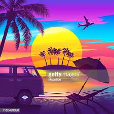 Tropical Beach At Sunset With An Island Palm Trees Van Chaise In 2021 Tropical Illustration Beach Illustration Sunset Art