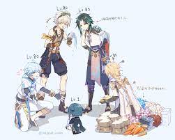 aether, xiao, chongyun, xingqiu, and bennett (genshin impact) drawn by  alalen | Danbooru