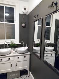 Monochrome Bathroom With Upcycled Vintage Wash Stand And Dark Grey Black Walls And Industrial Mirror And Lig Monochrome Bathroom Bathroom Design Bathroom Model