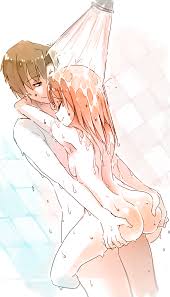 rtil, ibarazaki emi, nakai hisao, katawa shoujo, ass grab, hands on ass,  commentary, highres, 1boy, 1girl, amputee, ass, back, breast press,  breasts, brown hair, carrying, closed eyes, completely nude, couple, dutch  angle,