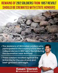 The remains of 282 Indian soldiers who were killed during the country's First War of Independence in 1857 were found during excavation near Amritsar. The soldiers were said to have revolted against