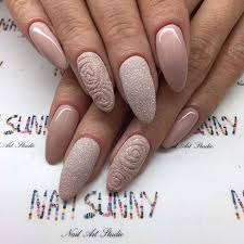 Neutral Sugar Glitter Almond Nails For Prom Beige Nails Beige Nails Design Elegant Nails