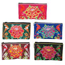ベトナム 花 刺繍 ポーチ 花と鳥 5色 ベトナム 鳥の刺繍 刺繍