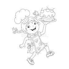 In the background there are circular designs around the outline of a square. Coloring Page Outline Of Cartoon Girl Chef With Cake Stock Vector Illustration Of Comic Cooking 71825157