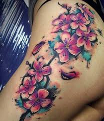 Black And White Cherry Blossom Thigh Tattoo 58 Ideas Tattoo Hip Watercolor Cherry Blossoms Hip Tattoo Beautiful Flower Tattoos Blossom Tattoo