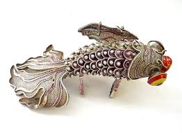 Mint Condition Chinese Articulated Purple Enamel Silver Googly Eye Fish With Fantail Goldfish Koi Purple Enamel Articulated Fish Fantail Goldfish