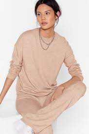 Made with thick, luxurious fabrication, our reborn leggings set is made up of our cute crop top and high waisted leggings, designed to give you a soft and silky lounging experience with a stylish and. Camel Sweater And High Waisted Pants Lounge Set Nasty Gal