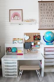 There are also kitchen cabinets towards the wall for a small pantry and hung up high for closed storage. Craft Room Turned Distance Learning Homeschool Room