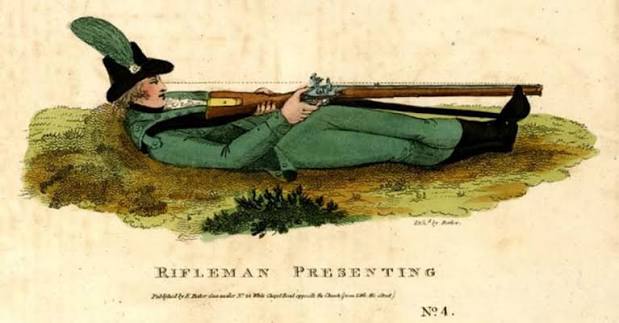 File:Green jacketed rifleman lying down firing Baker rifle 1803.jpg -  Wikimedia Commons