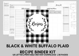 Black White Buffalo Plaid Recipe Binder Kit Printable Recipe Binder Farmhouse Printable Planner Buffaloplai Recipe Binder Food Printables Recipe Book Diy