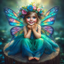 Generate a whimsical portrait of a cute fairy child sitting on a tree stump  in a magical forest. The child has bright, sparkling eyes, a joyful smile,  and wears a vibrant floral