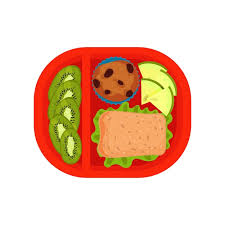 Red plastic tray with slices of kiwi and melon cupcake with raisins and  sandwich top view sweet fruits food for lunch cartoon style illustration  flat vector design isolated on white background |