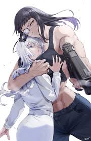 sunsirou, koko hekmatyar, sofia valmer, jormungand (manga), highres,  2girls, abs, black hair, blue eyes, breasts, closed eyes, colored  eyelashes, denim, eyepatch, groping, gun, handgun, hug, huge breasts,  jeans, long hair, looking at