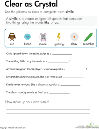 Similes Clear As Crystal Worksheet Education Com Simile Worksheet Simile Worksheets For Kids