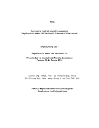 Maybe you would like to learn more about one of these? Pdf Title Developing The Instrumen For Assessing Psychosocial Needs Of Clients With Pulmonary Tuberculosis Short Running Title Psychosocial Needs Of Clients With Tb