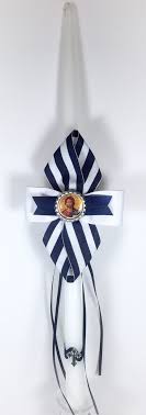 This 17 candle is definitely perfect for the world traveler little one in your life! Navy Stripe Greek Easter Candle Lambatha Easter Candles Greek Easter Christening Candle