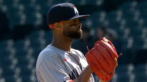 Willi Castro pitches in the top of the 8th inning