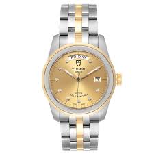 Stainless steel and yellow gold round case 39.0 mm in diameter. Tudor Glamour Day Date Steel Yellow Gold Diamond Mens Watch 56003 Unworn Swisswatchexpo