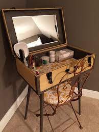 Diy Antique Suitcase Repurposed As A Vanity For My Guest Room Tin Suitcase More Than 50 Years Old Yellow Suitcase Decor Vintage Suitcase Table Diy Furniture