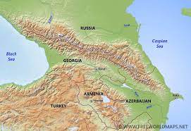 Georgia map and satellite image. Caucasus Mountains Map