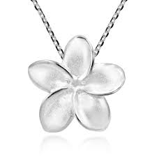 Hawaiian plumeria flower necklace with chain : Handmade Tropical Satin Shine Hawaiian Plumeria Flower Sterling Silver Pendant Necklace Thailand Overstock 27865230