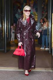 Meryl Streep, 75, Channels 'Devil Wears Prada' Style in a Maroon Vinyl Coat