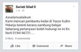 Group ini bertujuan untuk membantu sesiapa yg ingin mencari pekerjaan sekitar kulim.post2 yg dibenarkan adalah. Facebook