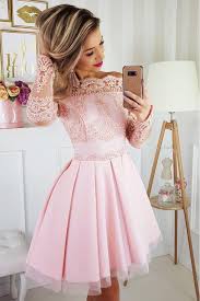 Light Pink Off The Shoulder Long Sleeves Short Homecoming Dress With Lace Appliques N1842 Homecoming Dresses Lace Homecoming Dresses Short Homecoming Dress